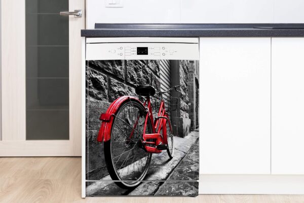 Aprint Decor Vinilo Decorativo para Lavavajillas, Medidas Estandar 67 cm x 76 cm, Bicicleta Roja Vintage Retro en la Calle de Adoquines en el Casco Antiguo - Imagen 3