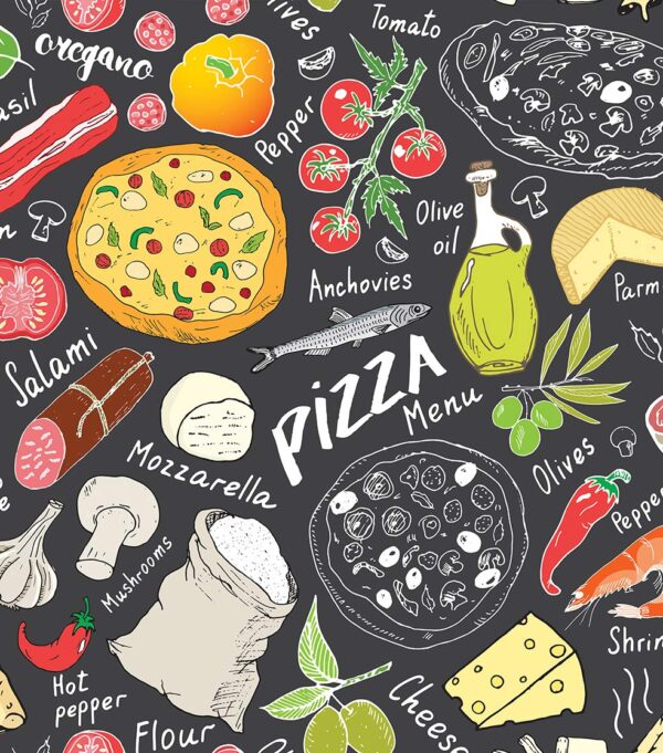 Aprint Decor Vinilo Decorativo para Lavavajillas, Medidas Estandar 67 cm x 76 cm, Pizza Doodles sobre Fondo Gris Oscuro - Imagen 4