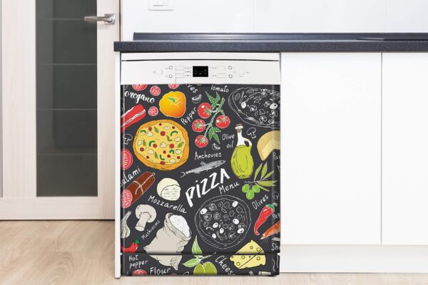Aprint Decor Vinilo Decorativo para Lavavajillas, Medidas Estandar 67 cm x 76 cm, Pizza Doodles sobre Fondo Gris Oscuro - Imagen 3