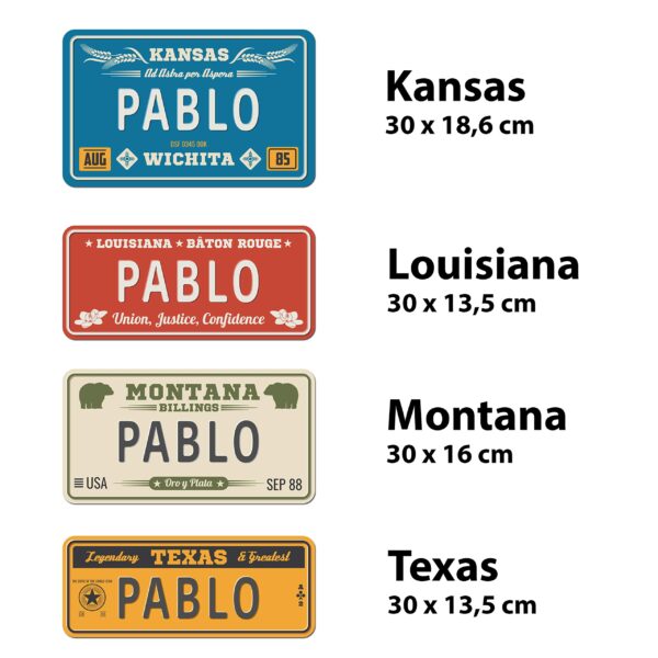 Aprint Decor Placa de Matrícula Decorativa de Aluminio o PVC Impreso de Estilo Vintage Americano Personalizado con Nombre 100% Personalizable 8 Modelos (Texas, PVC 5 mm) - Imagen 3