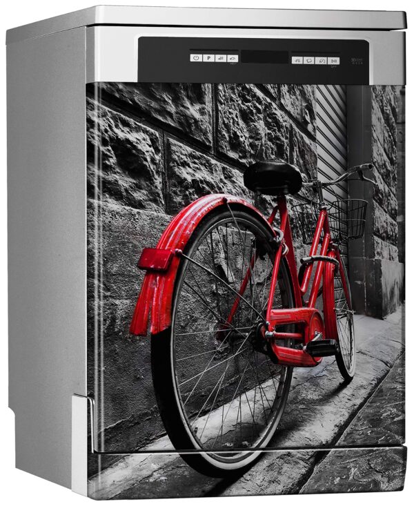 Aprint Decor Vinilo Decorativo para Lavavajillas, Medidas Estandar 67 cm x 76 cm, Bicicleta Roja Vintage Retro en la Calle de Adoquines en el Casco Antiguo