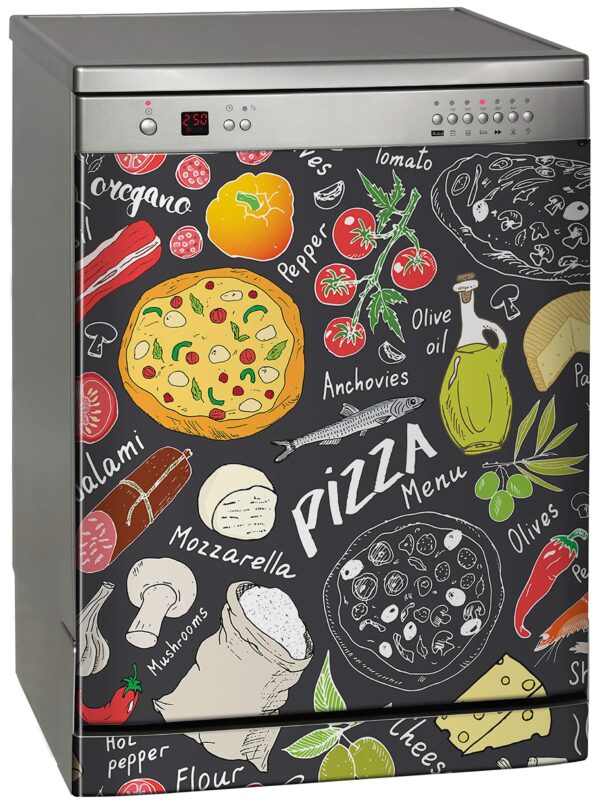 Aprint Decor Vinilo Decorativo para Lavavajillas, Medidas Estandar 67 cm x 76 cm, Pizza Doodles sobre Fondo Gris Oscuro - Imagen 6