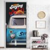Aprint Decor Vinyl Decorative Adhesive for Doors. 83cm x 204cm, Camper with Surfboards and Illustrated Surf Logo
