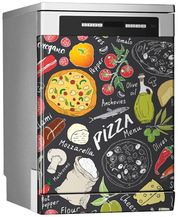 Aprint Decor Vinilo Decorativo para Lavavajillas, Medidas Estandar 67 cm x 76 cm, Pizza Doodles sobre Fondo Gris Oscuro