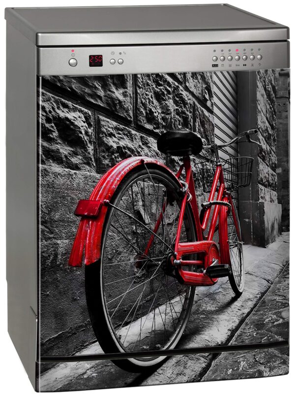 Aprint Decor Vinilo Decorativo para Lavavajillas, Medidas Estandar 67 cm x 76 cm, Bicicleta Roja Vintage Retro en la Calle de Adoquines en el Casco Antiguo - Imagen 6