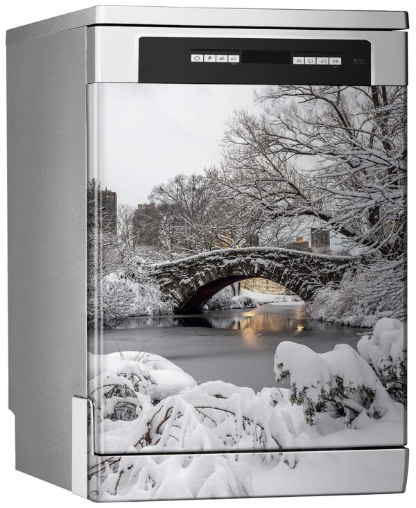 Aprint Decor Decorative Vinyl for Dishwasher, Standard Measures 67 cm x 76 cm, Central Park, New York City at Gapstow Bridge in the Early Morning After the Snowstorm