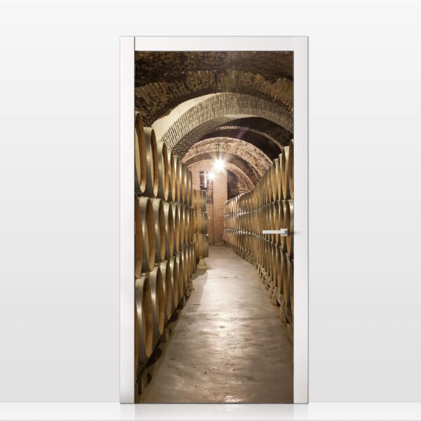 Aprint Decor Vinyl Decorative Adhesive for Doors Design Entrance to a Cellar with Barrels