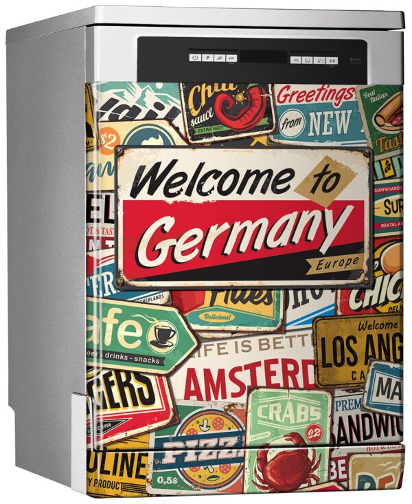 Aprint Decor Vinyle décoratif pour lave-vaisselle, mesures standard 67 cm x 76 cm, 'Bienvenue en Allemagne'